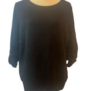 Tom Tailor Denim Black Blouse Ruched Sleeves Embossed Floral Pattern XL